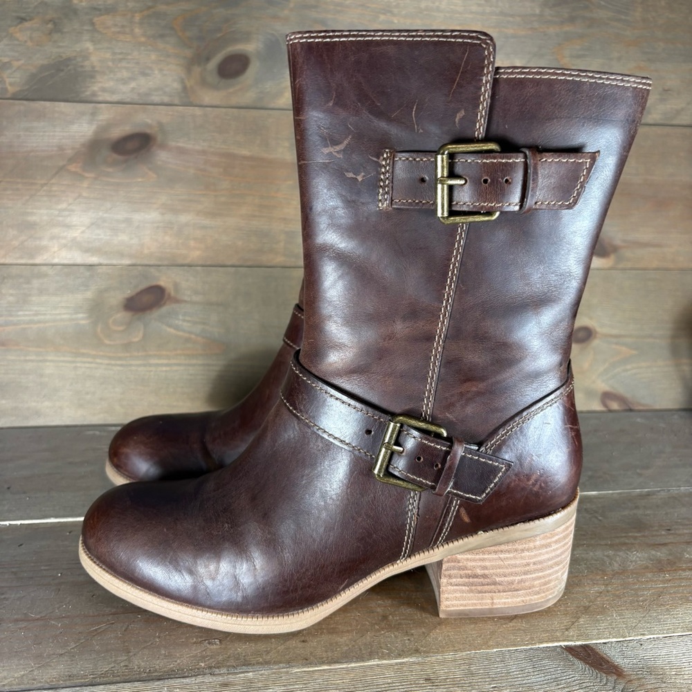 clarks maypearl oasis womens size 9 shoes brown leather heel zip engineer boots